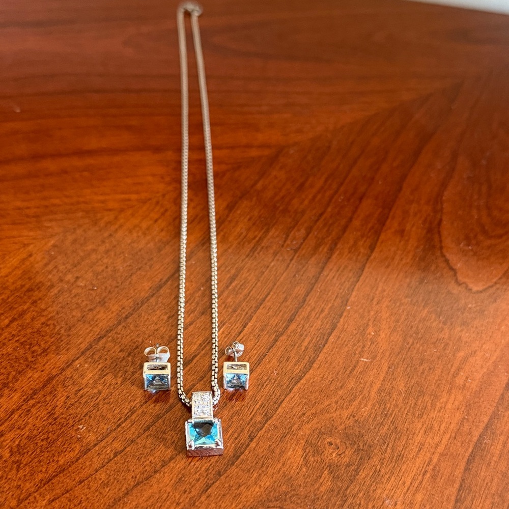 Sterling Silver 925 and blue topaz necklace & stud earring set. Gently preowned.